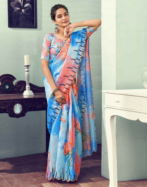 Sudathi Ready To Wear Light Blue Printed Woven Saree